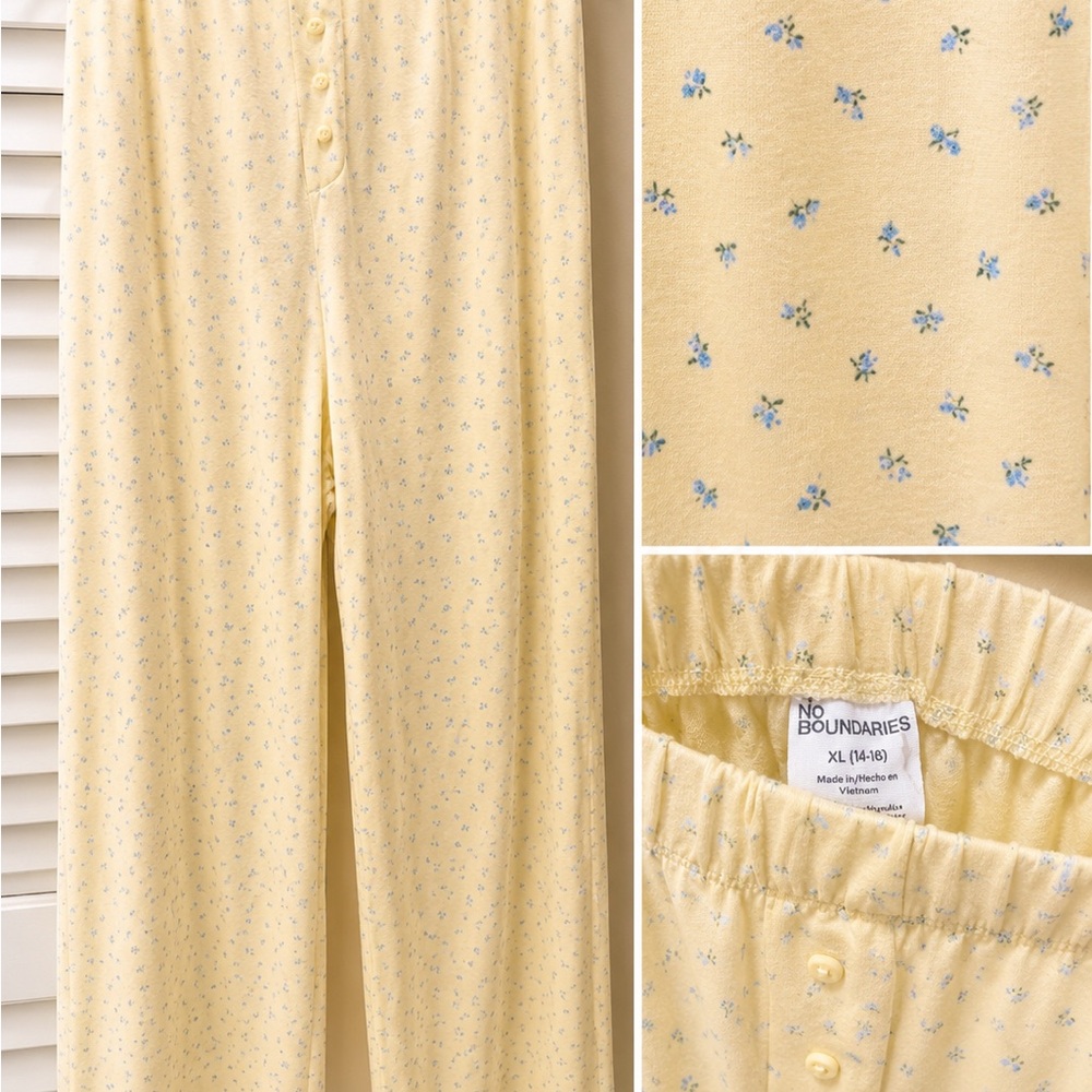 No Boundaries Yellow Pajama Pants with Blue Floral Print